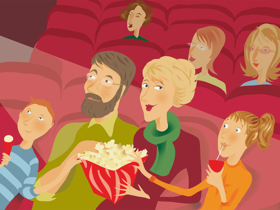 Illustration of family watching movie