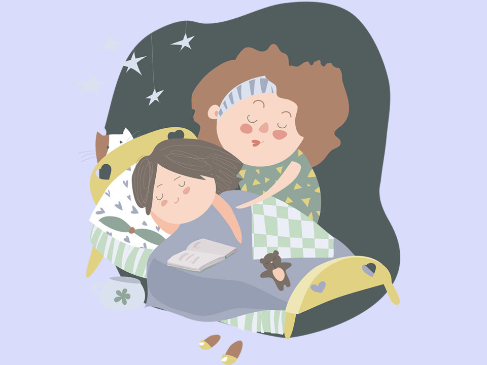 Illustration of Mother tucking child into bed