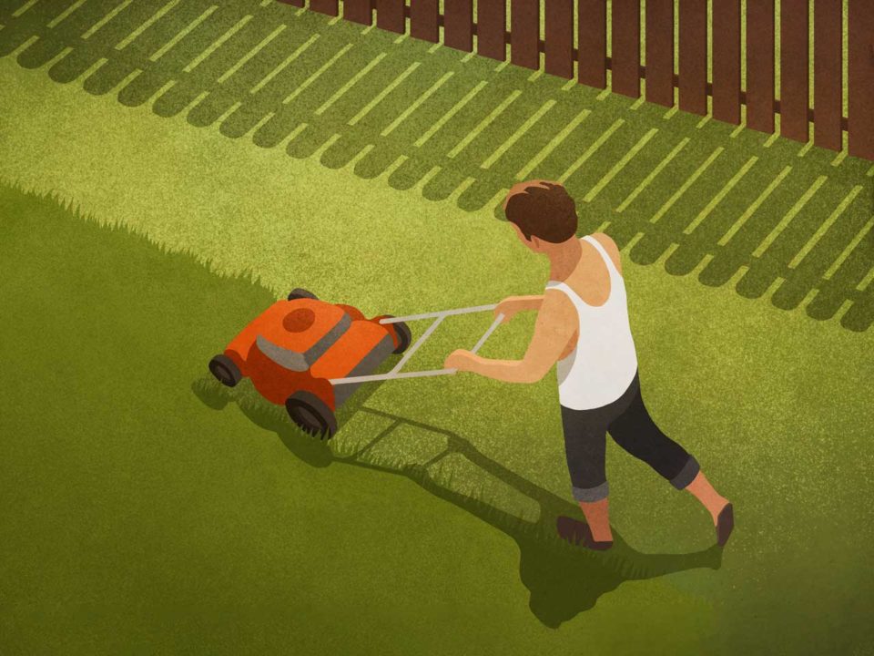 child mowing a yard